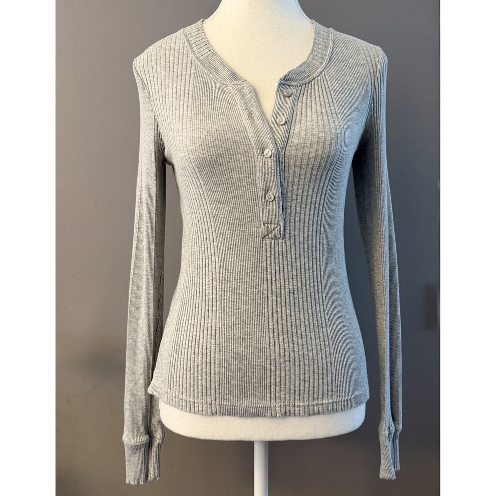 Aerie Henley Long Sleeve Small Gray Y2K Ribbed Preppy Casual